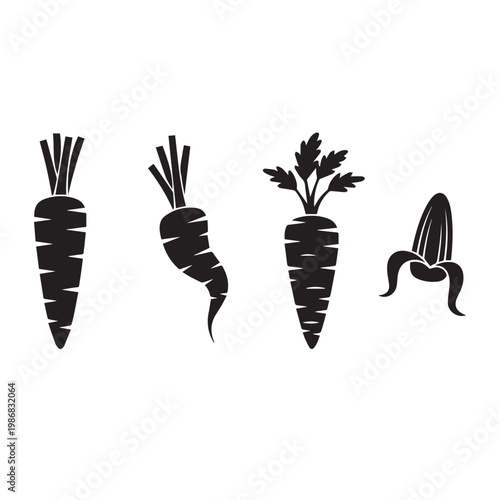 Carrot Silhouette Vector Illustration Set Black White, Fresh Carrot Minimal Icon Flat Design Pack, Carrot Vegetable Simple Silhouette Vector Bundle
