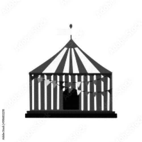 Halftone illustration of circus tent isolated on white background, dotted retro style, concept of carnival, entertainment and festival.
