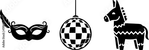 Celebration Icons Set with Masquerade Mask Disco Ball and Pinata