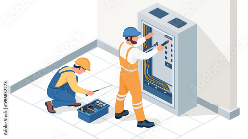 Two workers in hard hats and overalls repairing an electrical panel in a room with white walls and tiled floor