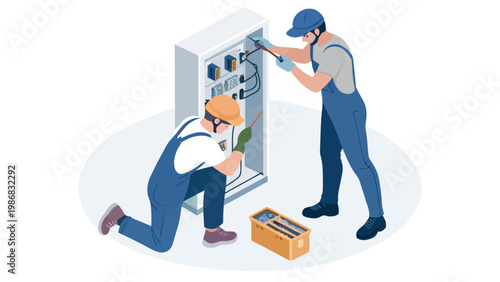 Two electricians working on an electrical panel with tools and equipment