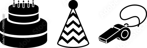 Birthday party icons set with cake, hat and whistle