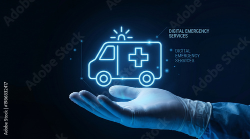 Hand in medical glove holding glowing blue digital ambulance icon for emergency services and telemedicine concept.