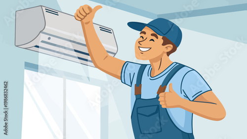 A cartoon illustration of a smiling technician in overalls giving a thumbs up while servicing an air conditioner indoors.