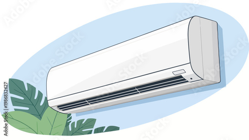 An air conditioner unit mounted on a wall with green leaves nearby