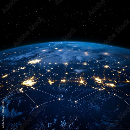 High altitude view of global logistics and transportation network over Earth.