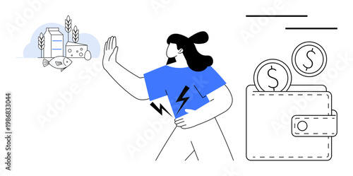 Food allergies, dietary restrictions, healthcare expenses, personal budgeting, healthy choices, financial planning. Woman avoiding allergens while holding wallet with money symbols. Food allergies