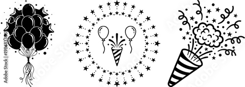 Black and white celebration icons set with balloons and party poppers