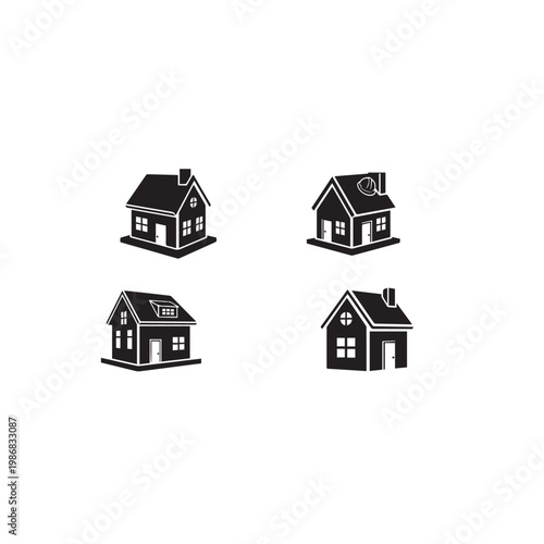 House Model Silhouette Black White Vector Illustration, Real Estate House Model Minimal Icon Set, Home Model Simple Flat Design Vector Pack