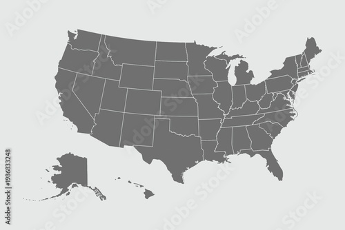 Quadro su tela Gray map of the United States with Alaska and Hawaii inset, showing state borders on a light background in a flat top-down layout
