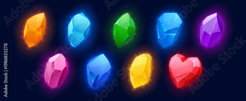 Crystal gems and diamond stones for fantasy game assets. 3D vector icons of magical jewels, colorful sapphires and precious treasures with realistic glow effects isolated on dark background.