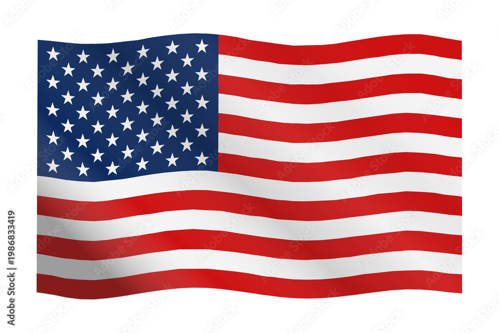 Obraz premium Waving United States flag illustration with flowing red and white stripes and white stars on blue field, set against a clean background, symbolizing patriotism and national pride.