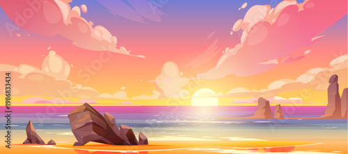 Sunset sea landscape with vibrant sky and tropical beach background. Vector illustration with golden sun, ocean waves and rocks. Summer paradise scene for seasonal travel posters and flyers.