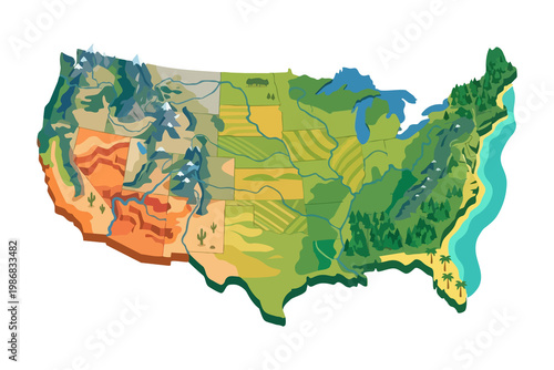 Εκτύπωση καμβά Colorful illustrated map of the United States highlighting diverse geographic regions, including mountains, deserts, forests, rivers, plains, and coastal areas in a stylized flat design
