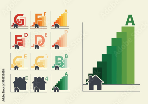 House Energy Efficiency Rating Scale Icons and Charts Set for Residential Performance Certification, EPC Sustainability Graphic Elements