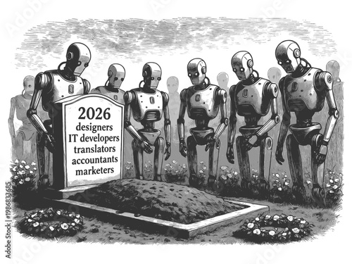robots gathered around a grave listing human professions, symbolizing AI replacing jobs like developers, designers, and marketers sketch engraving generative ai vector illustration. Black and white.