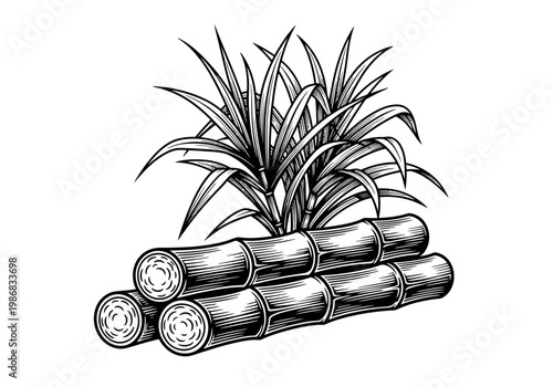 Sugarcane Stalks and Leaves Vintage Engraving Style Illustration, Hand Drawn Woodcut Design for Agriculture and Food Industry, Isolated on White