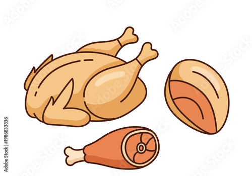 Vector Illustration of Raw Chicken Parts including Whole Chicken, Breast, and Drumstick for Food and Menu Design