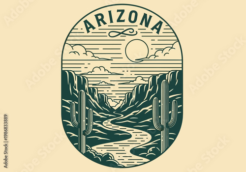 Arizona Desert Vintage Badge Illustration with Grand Canyon, Saguaro Cactus, and Winding River