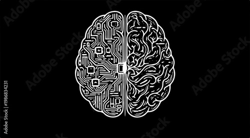 Illustration of a human brain split between organic neural pathways and digital circuitry on a black background