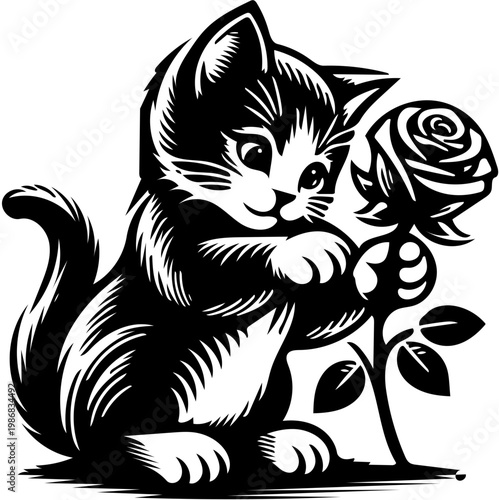 Charming monochrome illustration of a playful kitten gently interacting with a delicate rose, symbolizing innocence and affection in a graphic art style