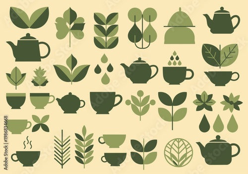 Minimalist Green Tea and Herbal Leaf Icon Set for Organic Branding and Cafe Menus