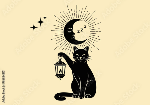 Celestial Black Cat with Lantern and Sleeping Crescent Moon, Mystical Bohemian Line Art Illustration