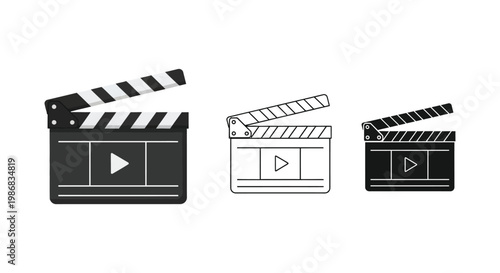 Clapper board icons in different styles and colors for filmmaking and video production