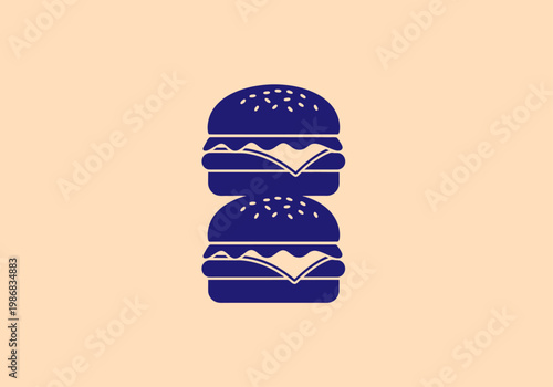 Minimalist Blue Double Burger Icon Stack on Beige Background - Fast Food Cheeseburger Silhouette for Menu and App Design