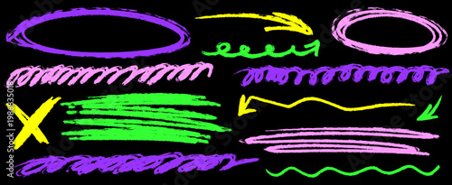 Rough line texture in crayon and chalk, highlight accents twice, scribble near underline and pen, arrow shaping direction.