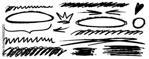 Playful line work in crayon and chalk, highlight pops twice, scribble weaves around underline and pen, arrow pointing through the textured motion.