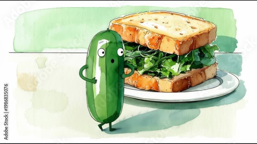 Cartoon cucumber character stands in front of a sandwich stacked with leafy greens and bread on a white plate against a soft green background