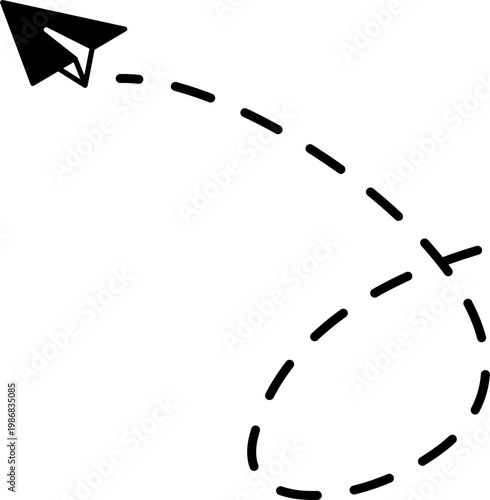 A flying paper plane soars through air with dashed trail