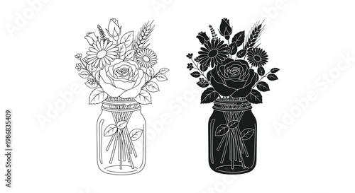 Flower bouquet in mason jar illustration with line art style