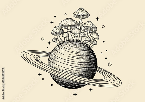 Celestial Mushroom Planet Illustration - Surreal Space Art with Saturn Rings and Magical Fungi - Vintage Stippling Style Drawing
