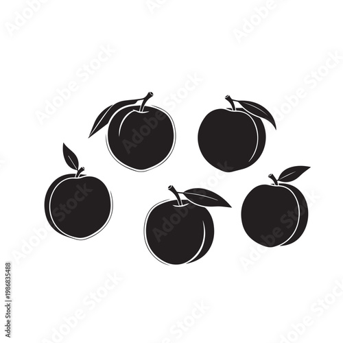 Ripe Peaches Hanging Tree Silhouette Vector Illustration, Peach Fruit Branch Minimal Black White Design Set, Peach Tree Silhouette Simple Vector Pack