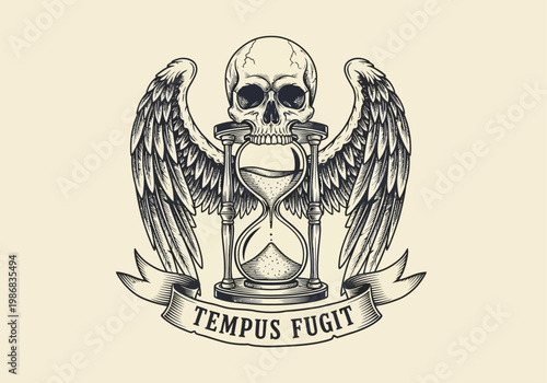 Tempus Fugit Skull with Winged Hourglass Vintage Engraving Style Illustration