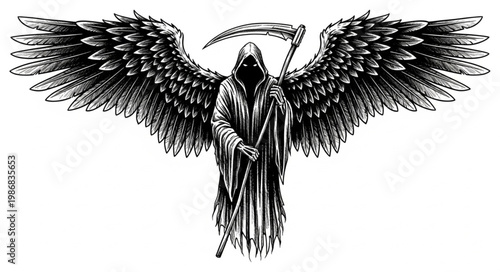 Winged Grim Reaper Holding Scythe Dark Hooded Figure.