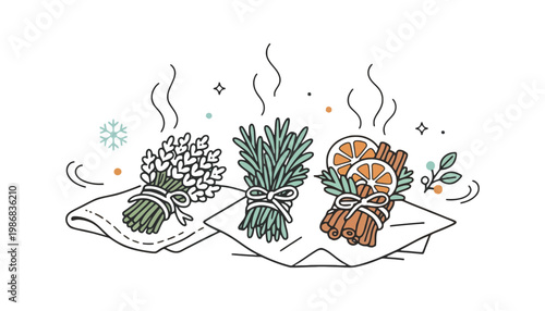 Herbs vector illustration of lavender, rosemary, and cinnamon on cloth