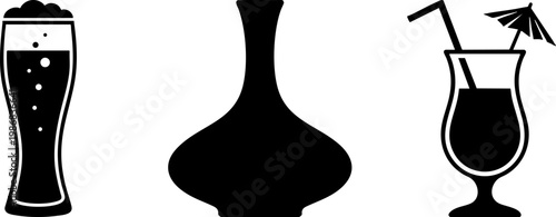 Beer, Wine Decanter, and Cocktail Silhouette Icons Collection