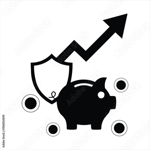 Piggy bank with shield and upward arrow representing secure emergency savings fund growth