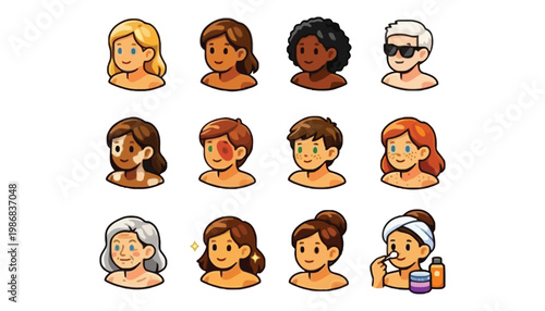 A diverse set of cartoon women faces with different skin tones and hairstyles