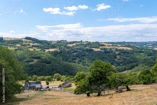 Old farmhouse surrounded by green meadows and forests in the rural countryside of Aveyron, France