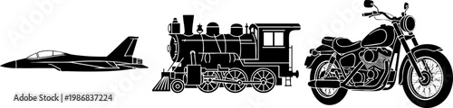 Black Silhouette Set of Jet Fighter Steam Train and Motorcycle