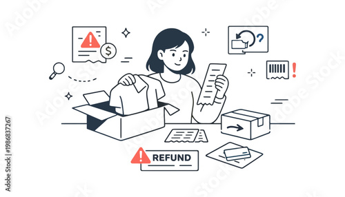 A woman returns an item for a refund with a concerned expression