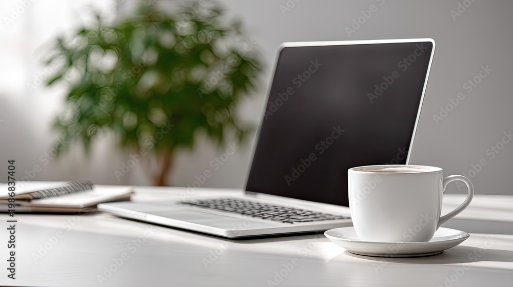 Fototapeta premium Modern Home Office Setup with Minimalist White Desk and Tech Gadgets