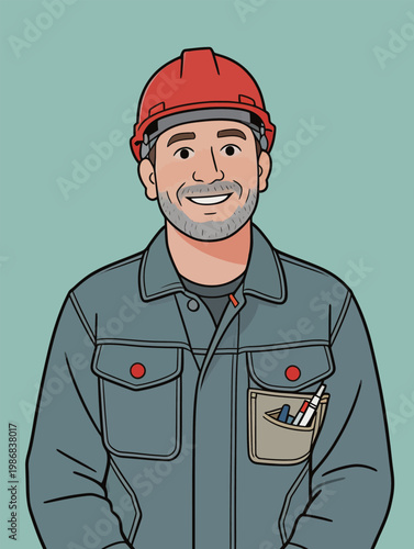 Male Worker in Red Hard Hat and Workwear