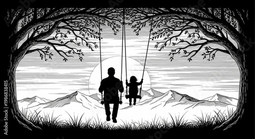 Two children swinging on a tree swing together.
