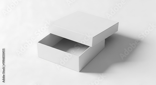 Empty white cardboard box with an open lid, presented on a minimalist light backdrop, ideal for showcasing product packaging designs and branding concepts