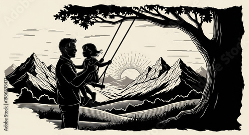 Two Children Playing On A Tree Swing Together.